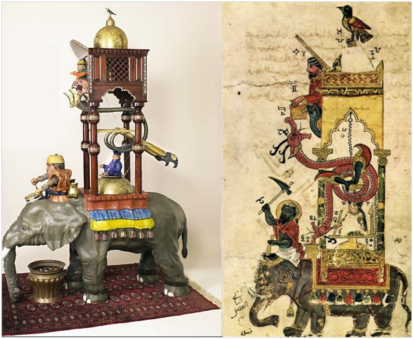 שעון הפיל, מימין תמונה מן הספר, משמאל הדגם מן המוזיאון.
