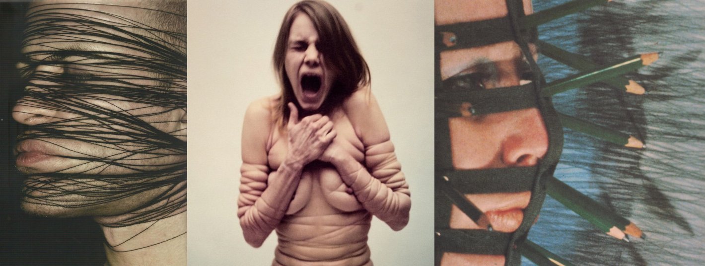 מימין, רבקה הורן, מסכת עפרונות=== 1972. משמאל, שתי תמונות מתעשיית האופנה העכשווית, צילום של מריו סורנטי (באמצע), ושל Jurgi persoons - שתיהן מפה=== (לחצו להגדלה!)