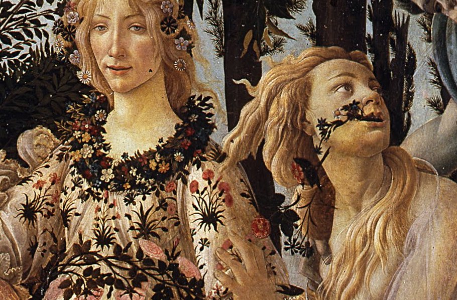 בוטיצ'לי, פרימוורה (1482, פרט. גם בהולדת ונוס אגב יורקים אצלו פרחים).